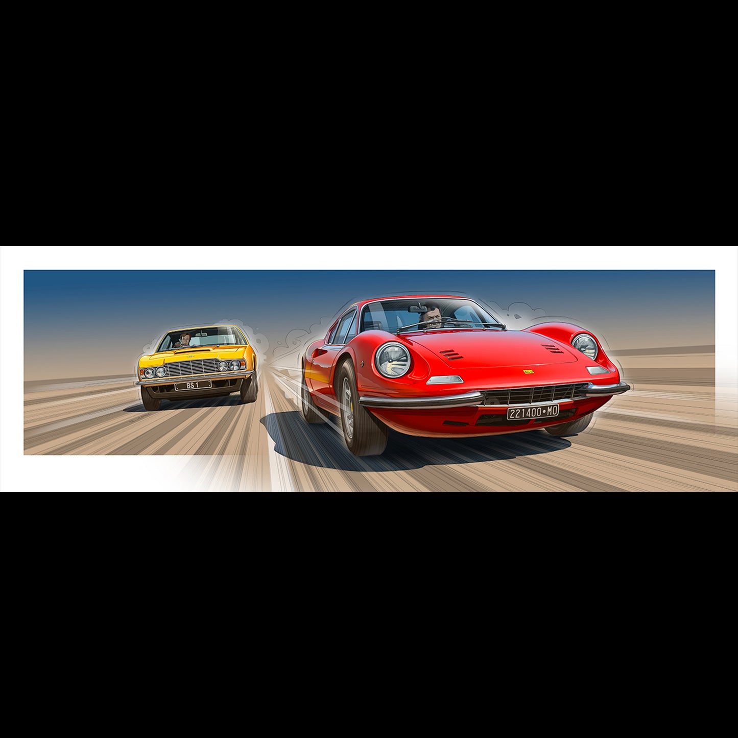 Illustration of a Ferrari Dino VS a Aston Martin DBS in the serie "The Persuaders"