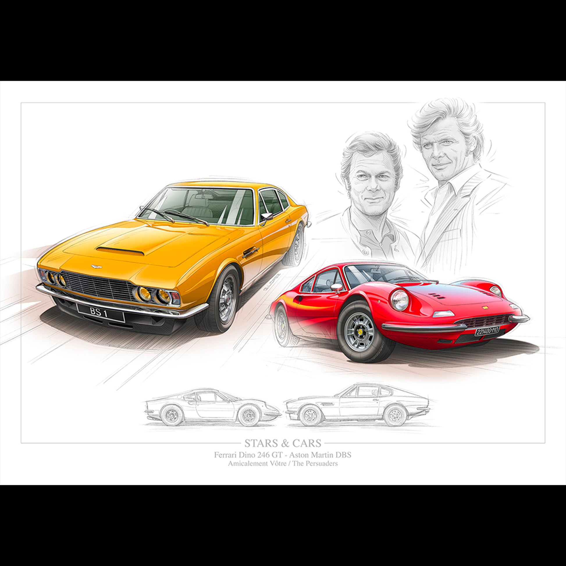 Illustration of a Ferrari Dino VS a Aston Martin DBS in the serie "The Persuaders"