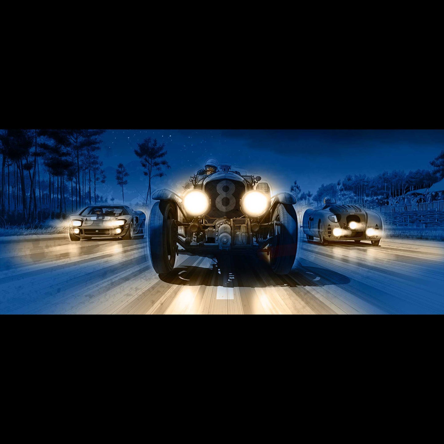 Illustration on plexiglas of cars that made history at 24h of Le Mans (Ford GT40, Bentley Blower, Bugatti 57G)