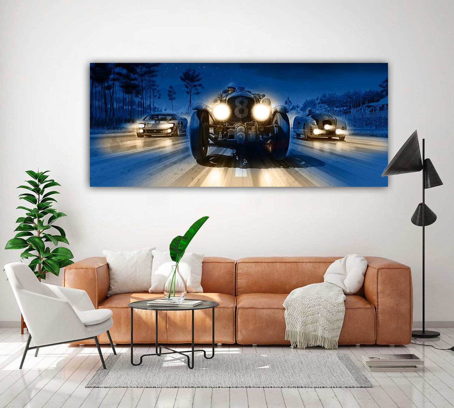 Illustration on plexiglas of cars that made history at 24h of Le Mans (Ford GT40, Bentley Blower, Bugatti 57G) interior decoration