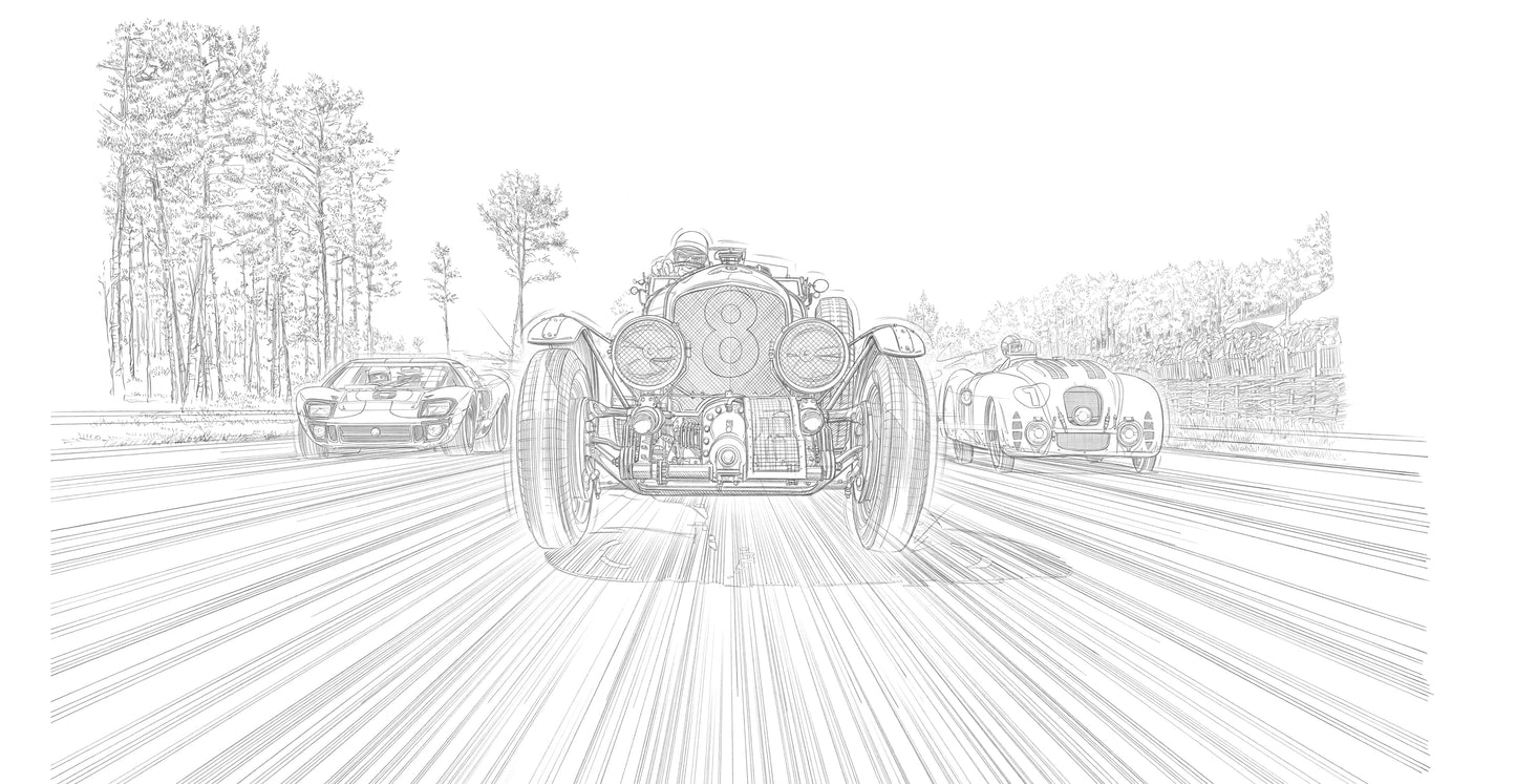 Illustration on plexiglas of cars that made history at 24h of Le Mans (Ford GT40, Bentley Blower, Bugatti 57G) black and white drawing