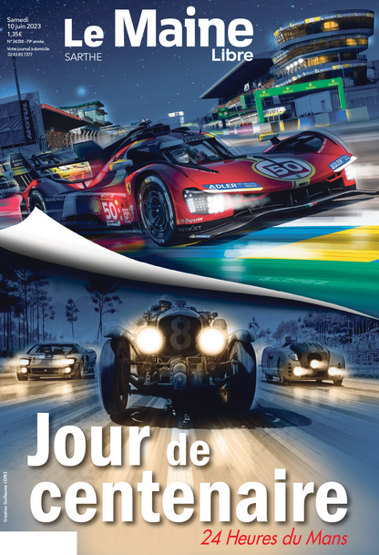 Illustration on plexiglas of cars that made history at 24h of Le Mans (Ford GT40, Bentley Blower, Bugatti 57G), Le Main libre newspaper cover