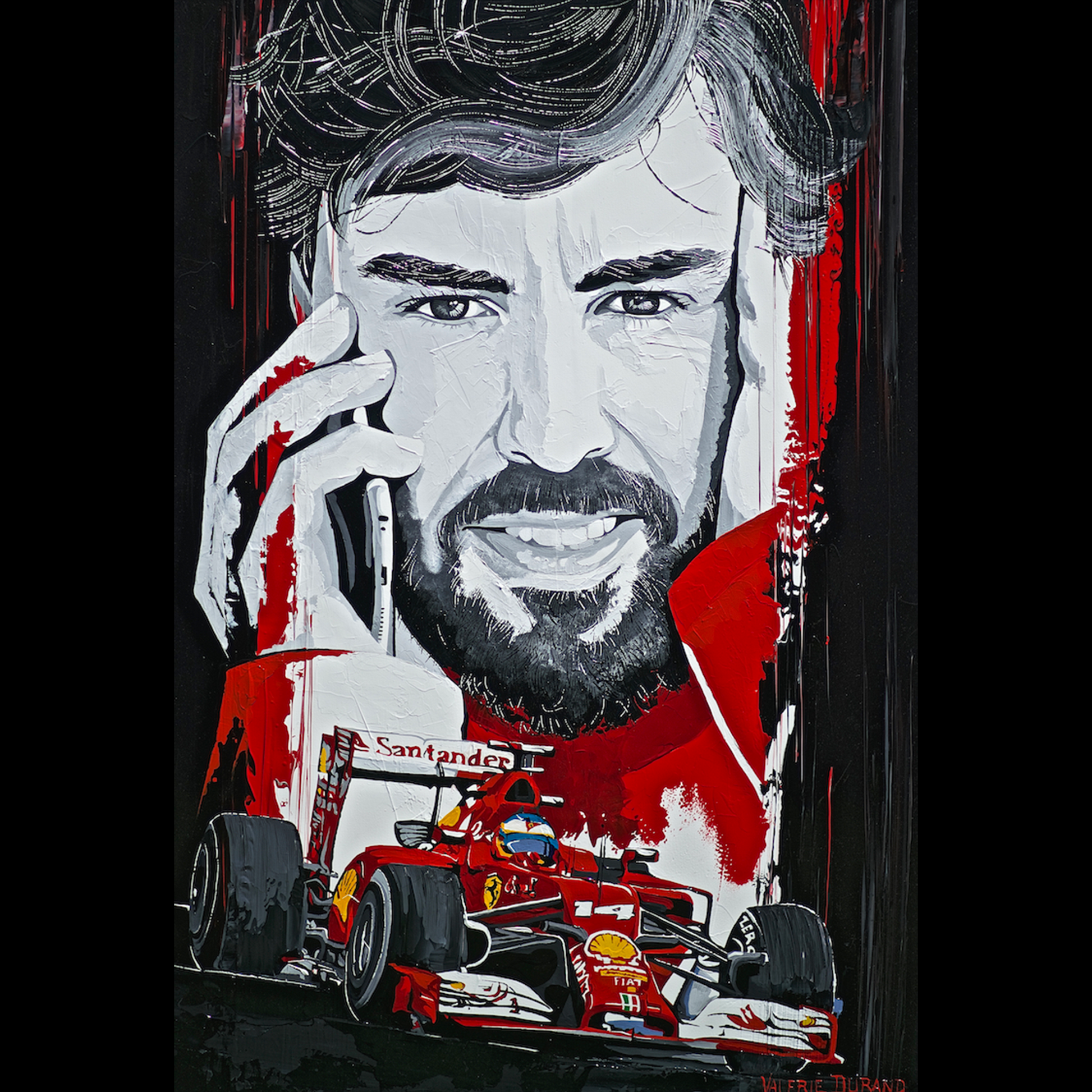 FERNANDO ALONZO FERRARI "FORMULA 1 PILOT" PAINTING VALERIE DURAND