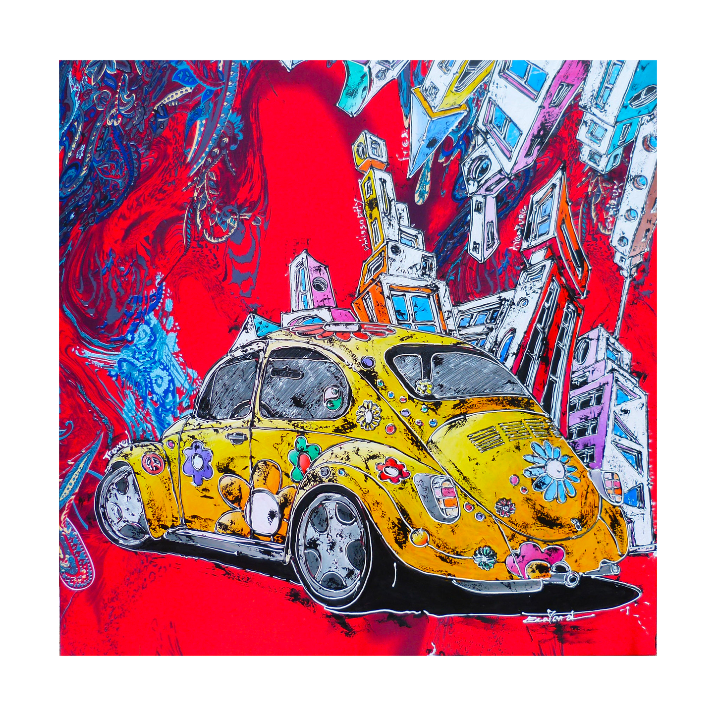 volkswagen beetle yellow painting on silk franck ecalard