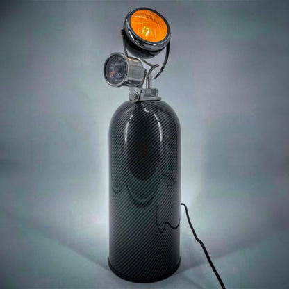 Full carbon vintage lamp extinguisher with pressure gauge and headlamp front view JLR Concept