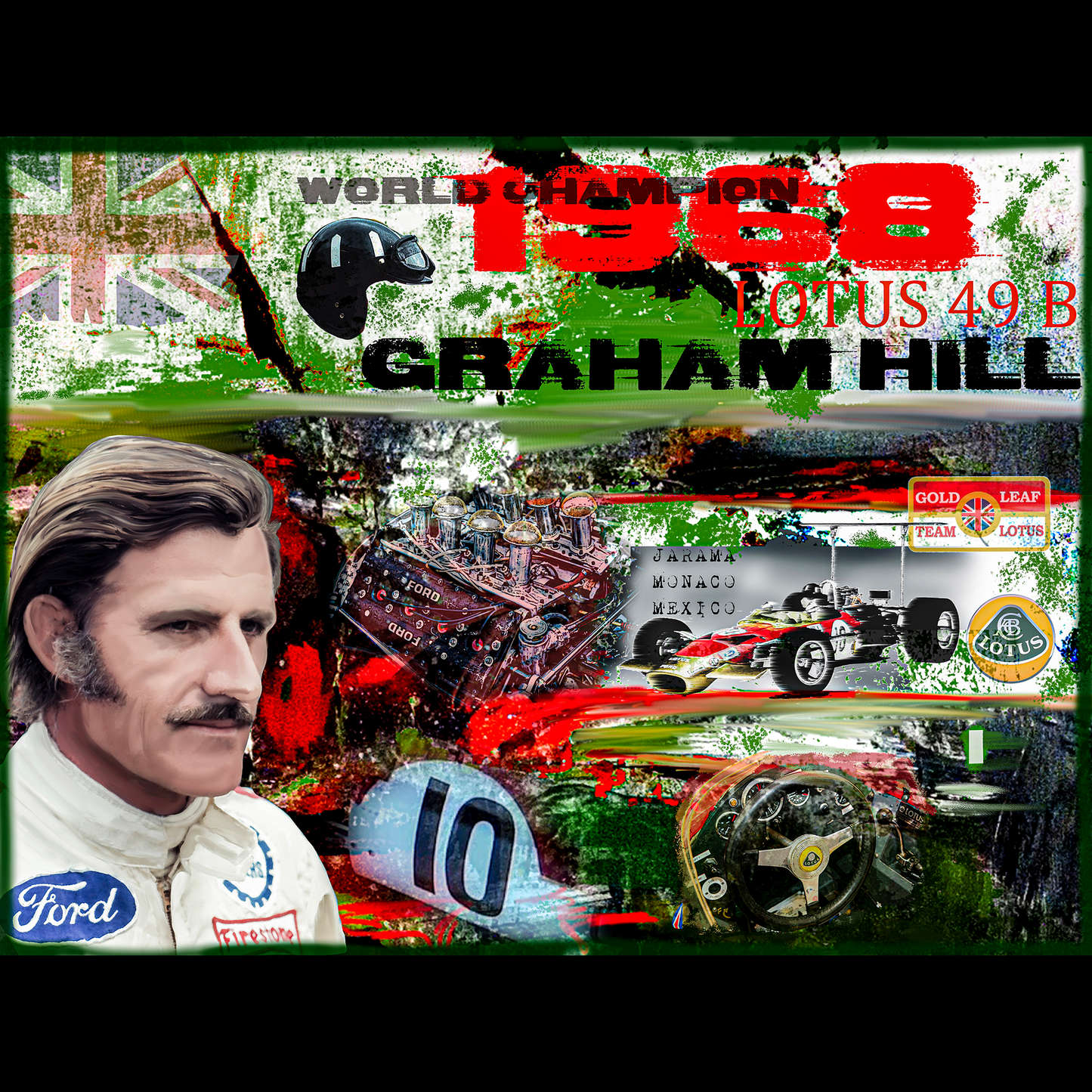 Graham Hill "Worldwide F1 Champion" on Lotus 49 in 1968 digital art denis poutet le muret des stands