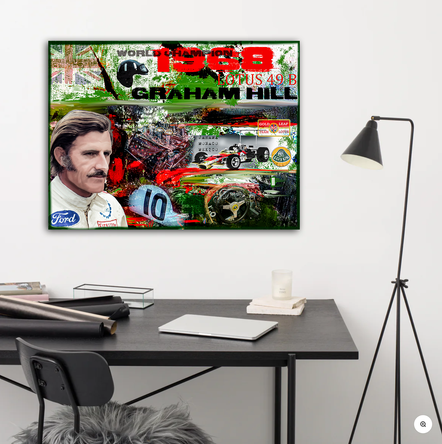 Graham Hill "Worldwide F1 Champion" on Lotus 49 in 1968 digital art denis poutet le muret des stands