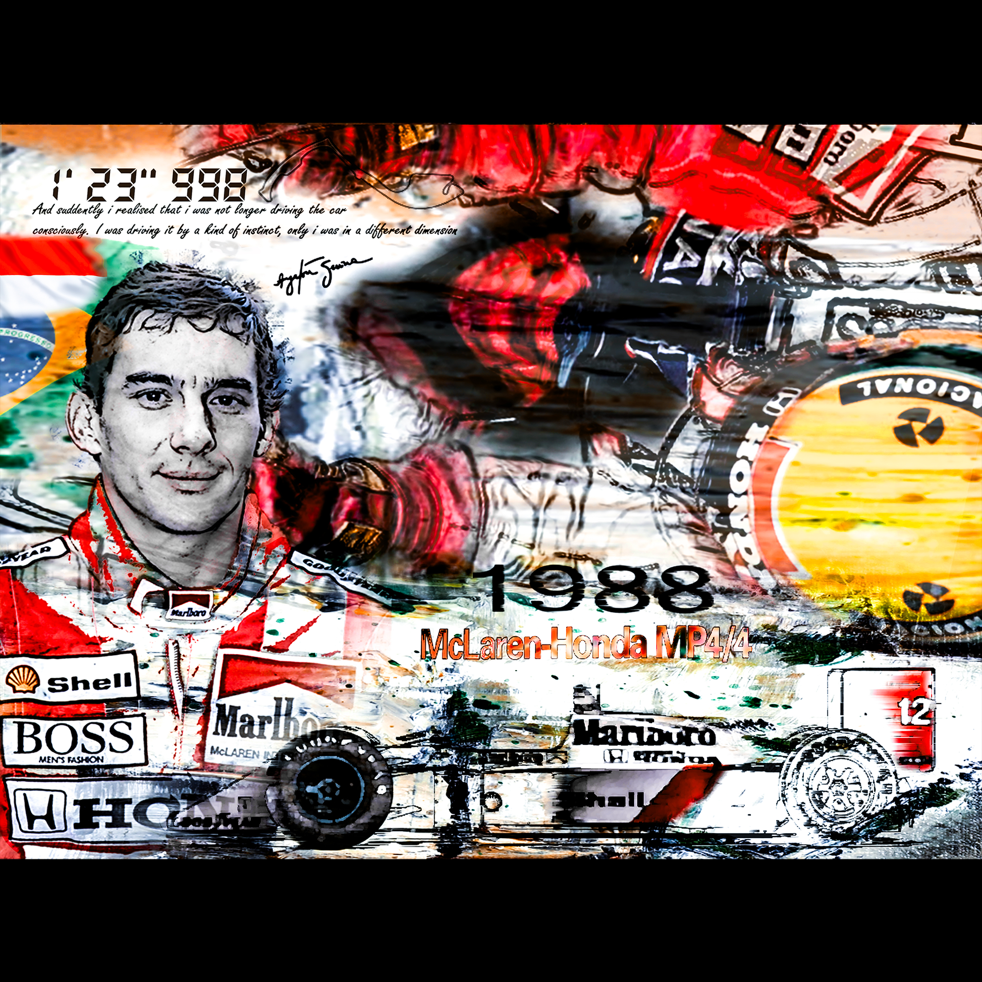 Ayrton Senna "Worldwide F1 Champion" on McLaren Honda MP4/4 in 1988 denis poutet le muret des stands