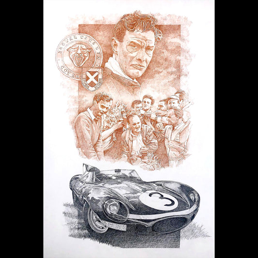 dessin à la mine de plomb représentant ron flockart gagnant les 24h du Mans avec une jaguar D-type.Signé Patrick Brunet