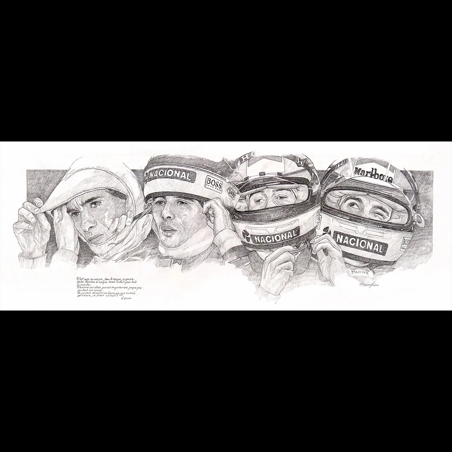 dessin à la mine de plomb représentant ayrton senna formule 1 mettant son casque. Signé Patrick Brunet